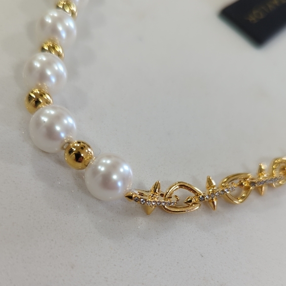 Ann Taylor Gold with Crystals and White Pearl Mixed Chain Necklace - Picture 6 of 8